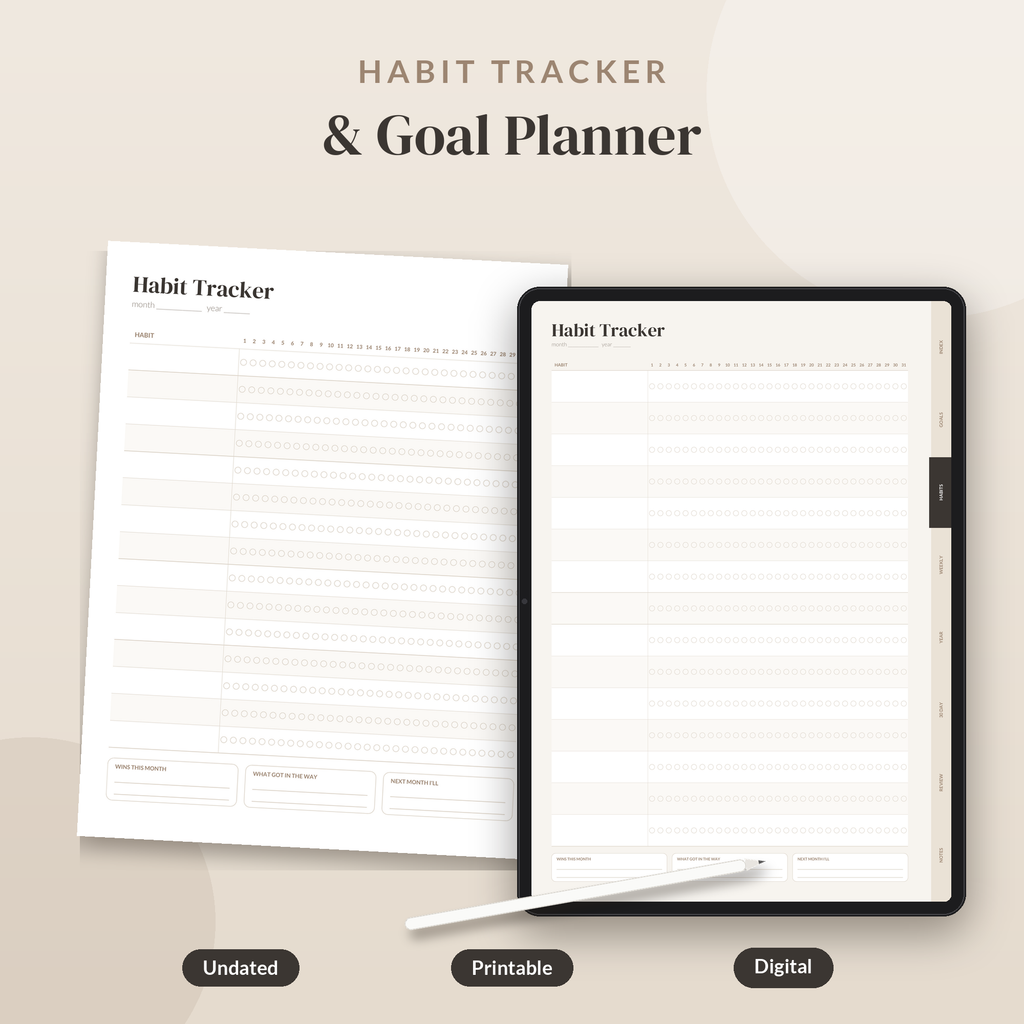 Habit Tracker Printable, Goal Planner, Undated Habit Tracker PDF, Digital Goal Setting GoodNotes, Monthly Habit Tracker, Letter A4