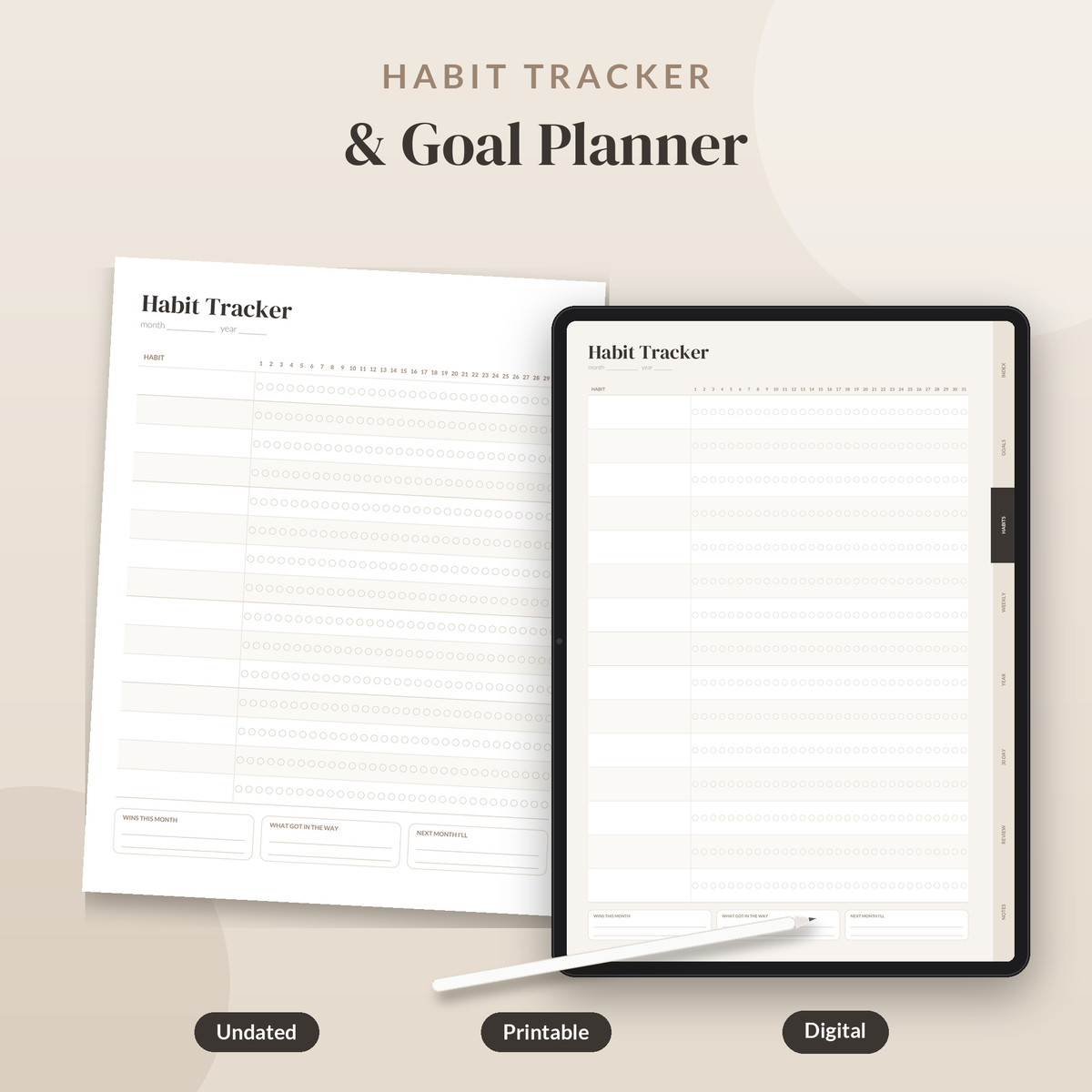 Habit Tracker Printable, Goal Planner, Undated Habit Tracker PDF, Digital Goal Setting GoodNotes, Monthly Habit Tracker, Letter A4