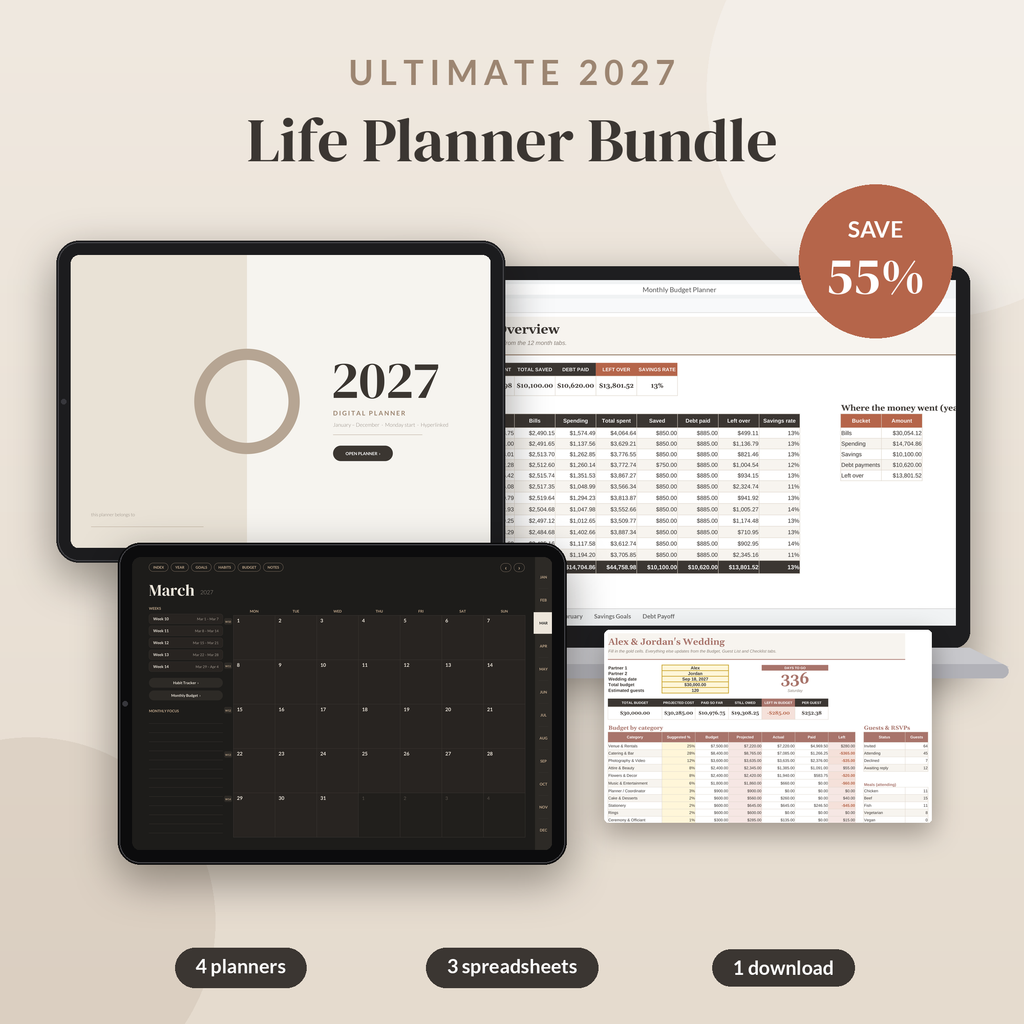 2027 Digital Planner Bundle, Budget Planner Spreadsheet, GoodNotes Planner, Google Sheets Budget, Wedding & Holiday Budget, Life Planner