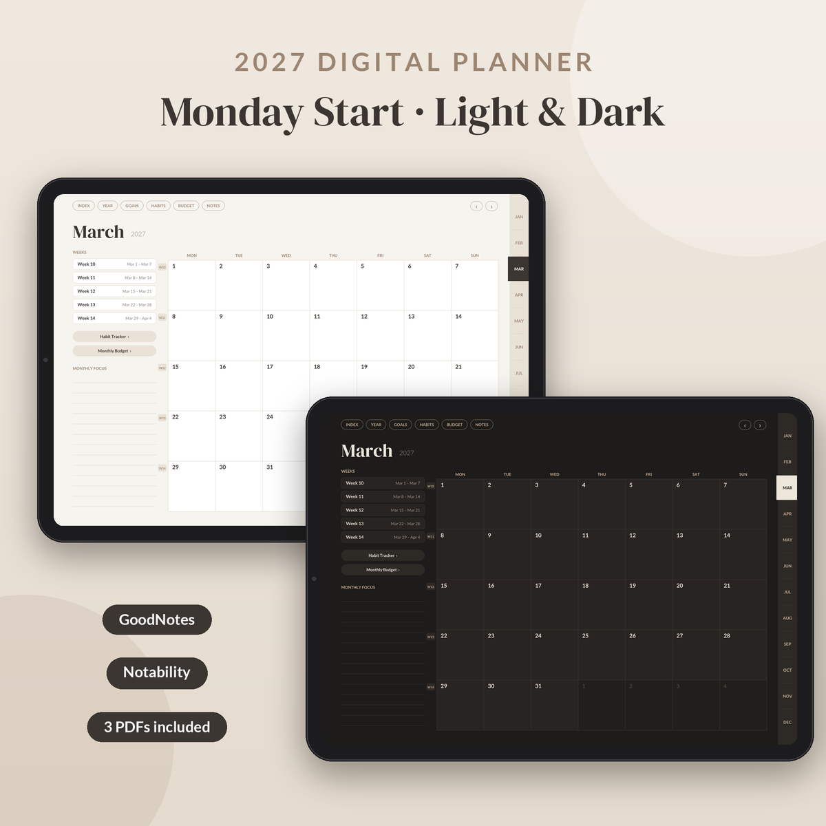 2027 Digital Planner Monday Start, Dark Mode Digital Planner, GoodNotes Planner 2027, iPad Planner, Hyperlinked Daily Weekly Monthly