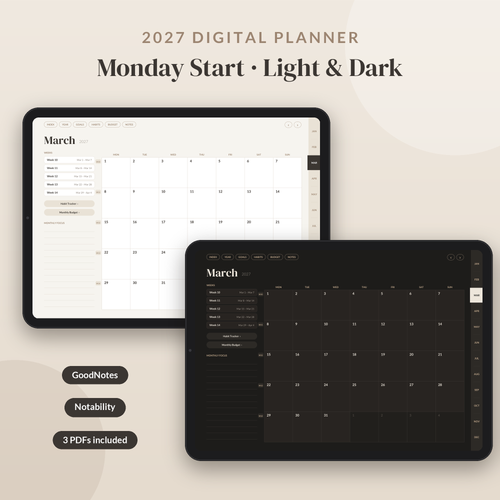 Dark mode and Monday start 2027 digital planners included in the bundle