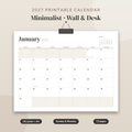 2027 Printable Calendar, Minimalist Wall Calendar 2027, Desk Calendar, Monthly Calendar PDF, US Letter A4, Sunday Monday Start, Neutral