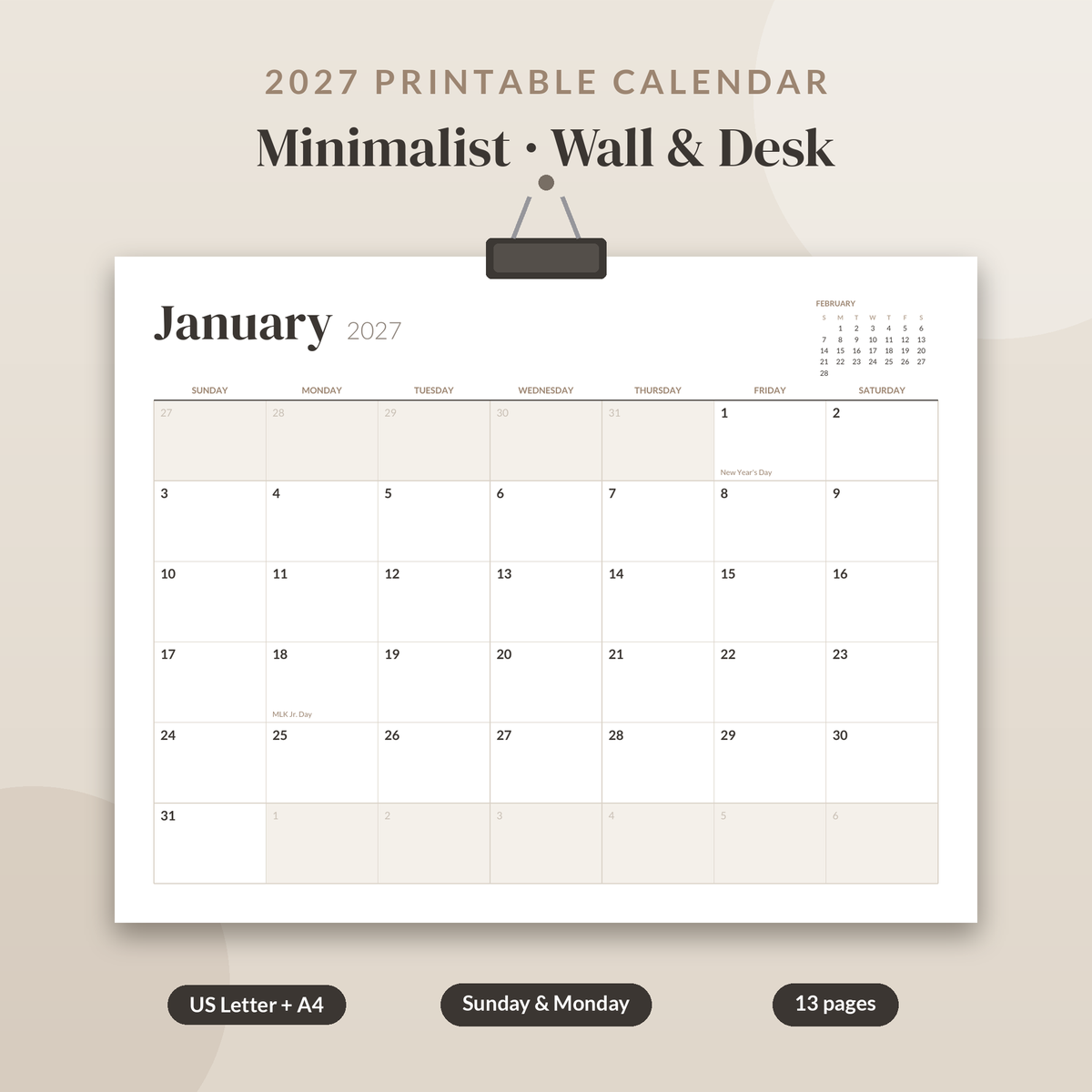 Minimalist 2027 printable wall calendar included in the bundle