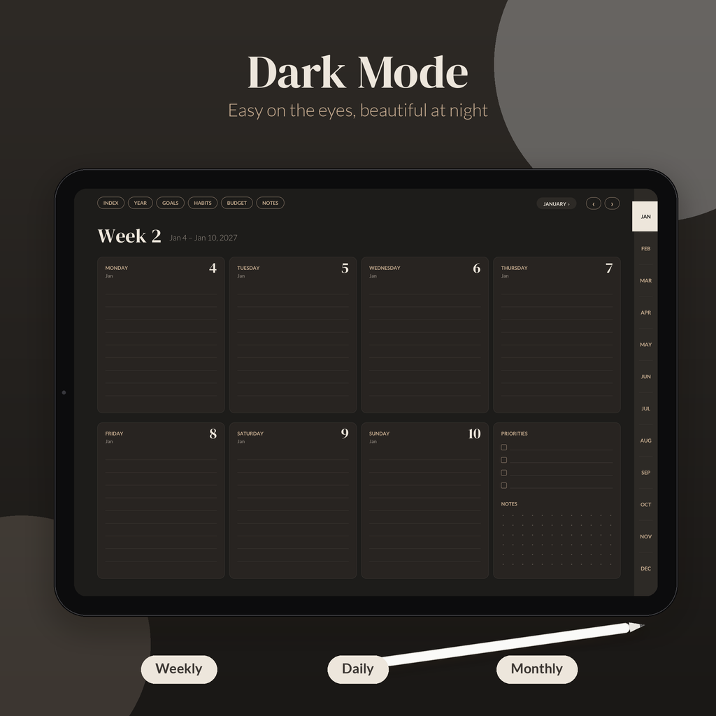 2027 Digital Planner Monday Start, Dark Mode Digital Planner, GoodNotes Planner 2027, iPad Planner, Hyperlinked Daily Weekly Monthly