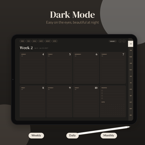 2027 Digital Planner Monday Start, Dark Mode Digital Planner, GoodNotes Planner 2027, iPad Planner, Hyperlinked Daily Weekly Monthly