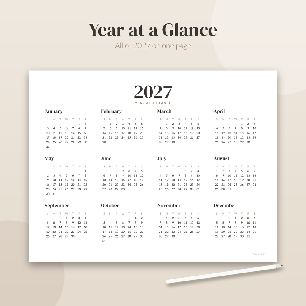 2027 Printable Calendar, Minimalist Wall Calendar 2027, Desk Calendar, Monthly Calendar PDF, US Letter A4, Sunday Monday Start, Neutral
