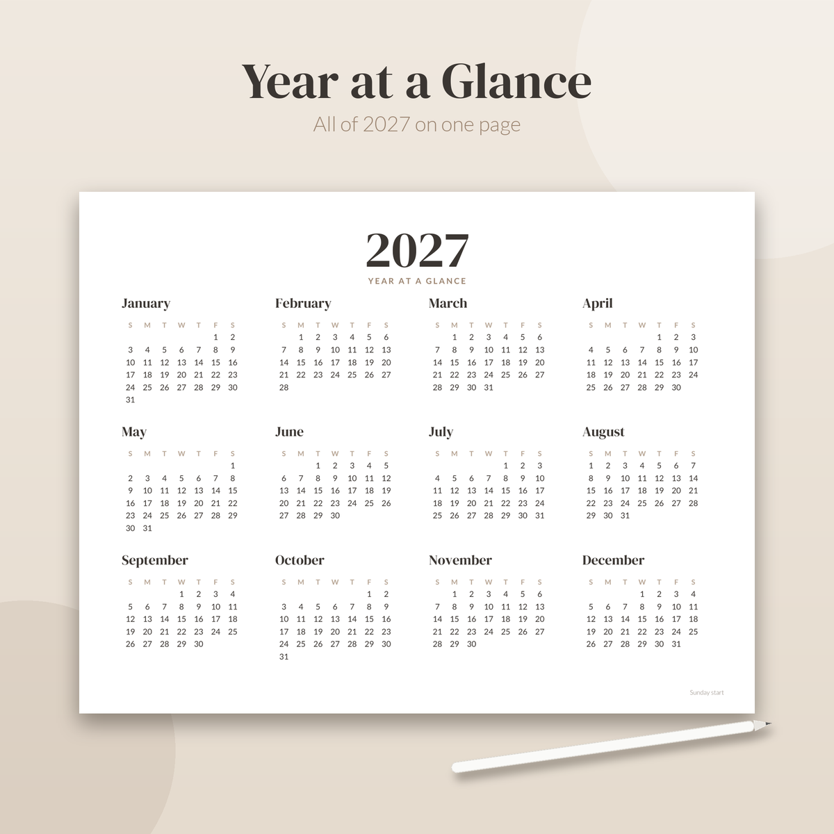 2027 Printable Calendar, Minimalist Wall Calendar 2027, Desk Calendar, Monthly Calendar PDF, US Letter A4, Sunday Monday Start, Neutral