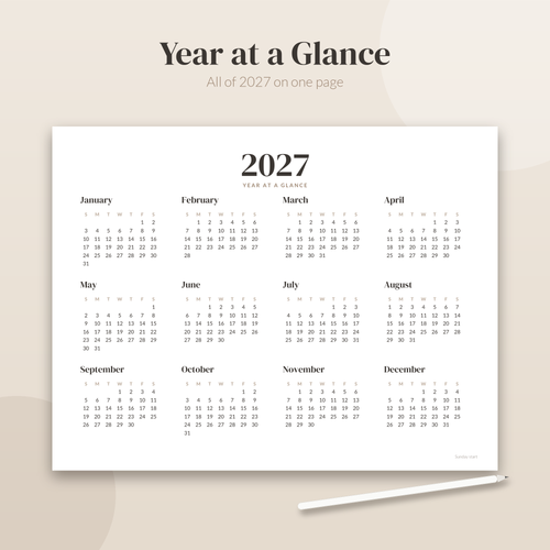 2027 Printable Calendar, Minimalist Wall Calendar 2027, Desk Calendar, Monthly Calendar PDF, US Letter A4, Sunday Monday Start, Neutral