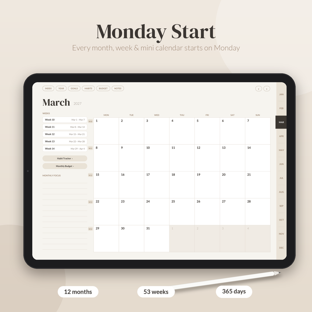 2027 Digital Planner Monday Start, Dark Mode Digital Planner, GoodNotes Planner 2027, iPad Planner, Hyperlinked Daily Weekly Monthly