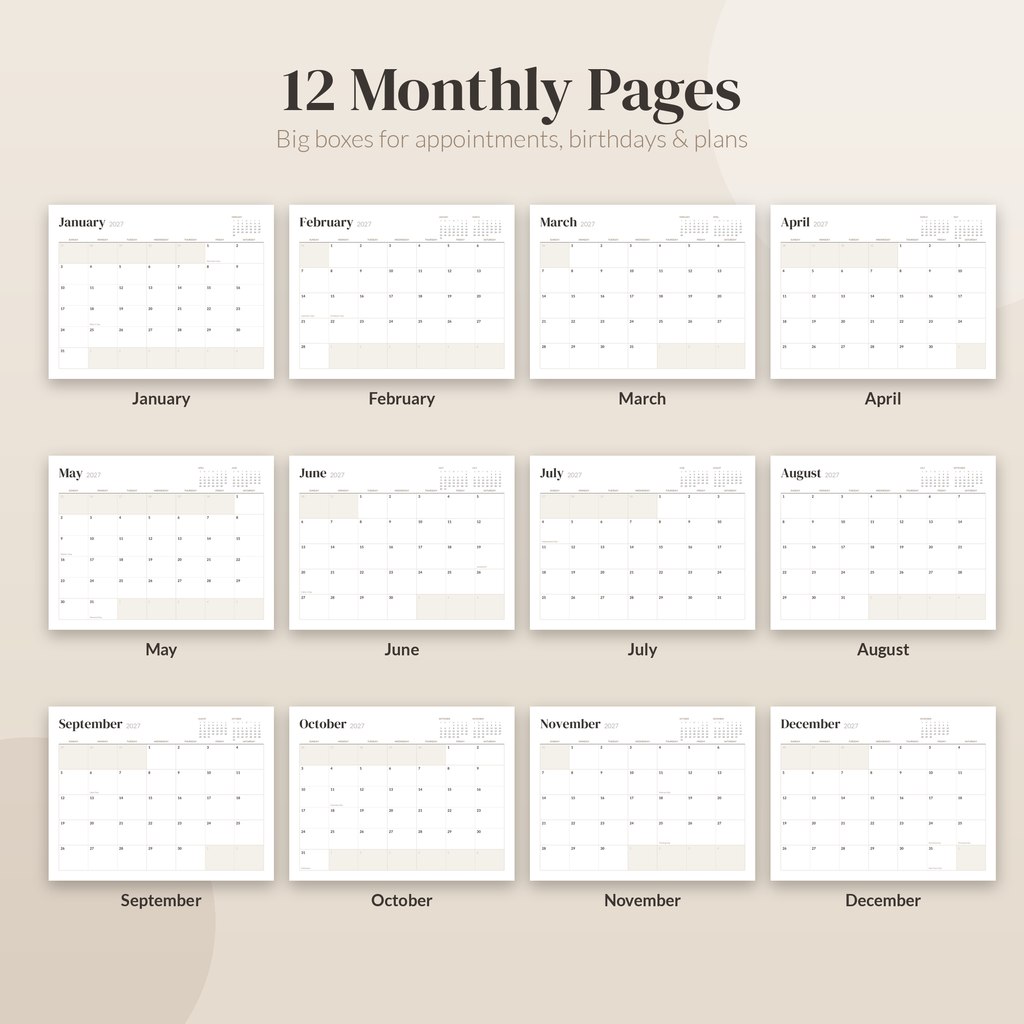 2027 Printable Calendar, Minimalist Wall Calendar 2027, Desk Calendar, Monthly Calendar PDF, US Letter A4, Sunday Monday Start, Neutral