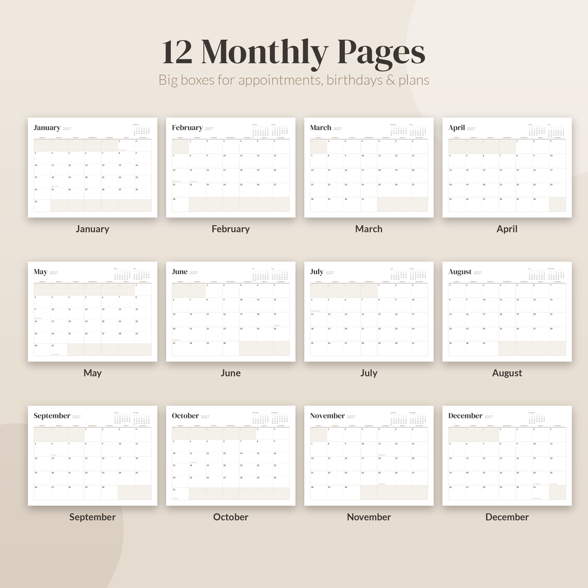 2027 Printable Calendar, Minimalist Wall Calendar 2027, Desk Calendar, Monthly Calendar PDF, US Letter A4, Sunday Monday Start, Neutral