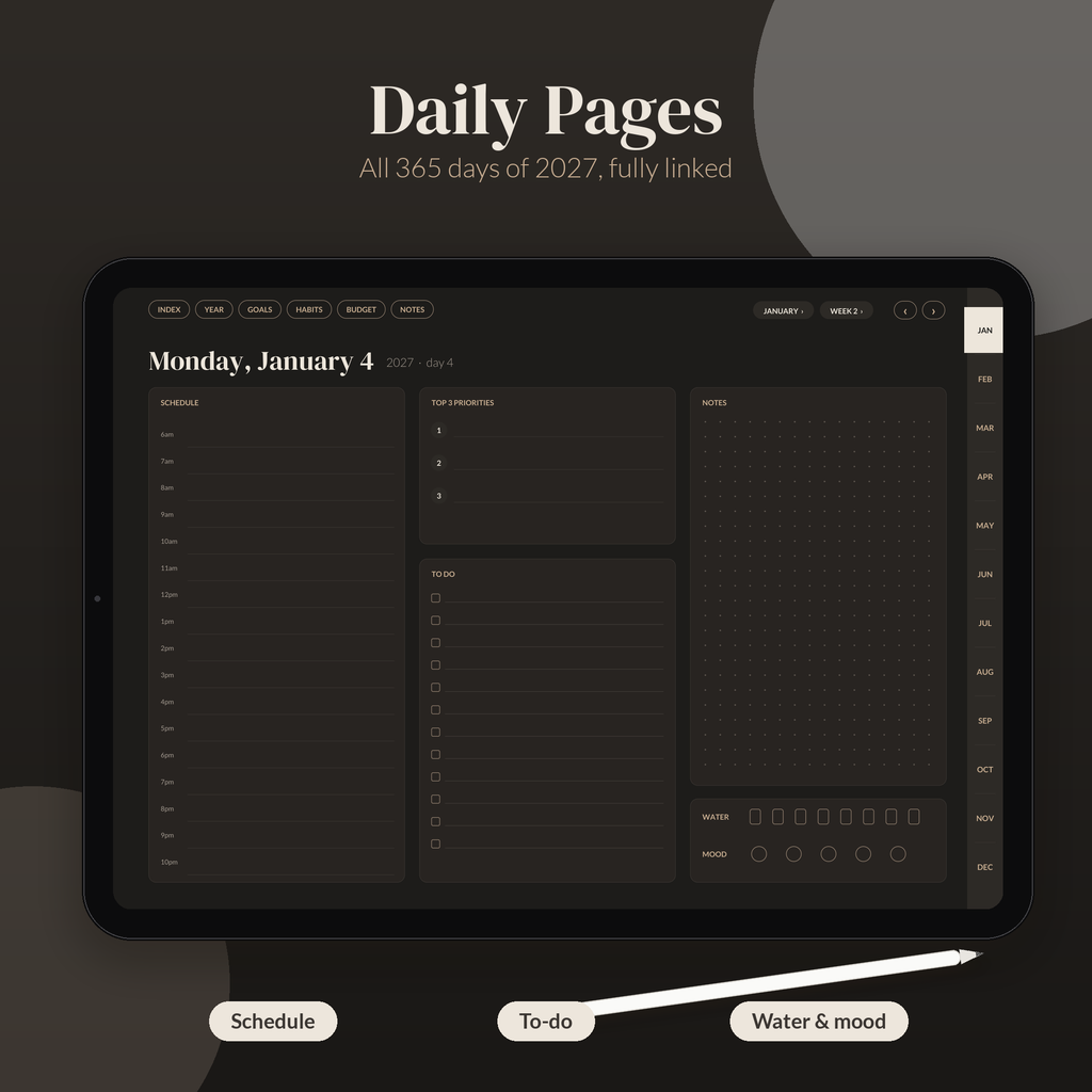 2027 Digital Planner Monday Start, Dark Mode Digital Planner, GoodNotes Planner 2027, iPad Planner, Hyperlinked Daily Weekly Monthly