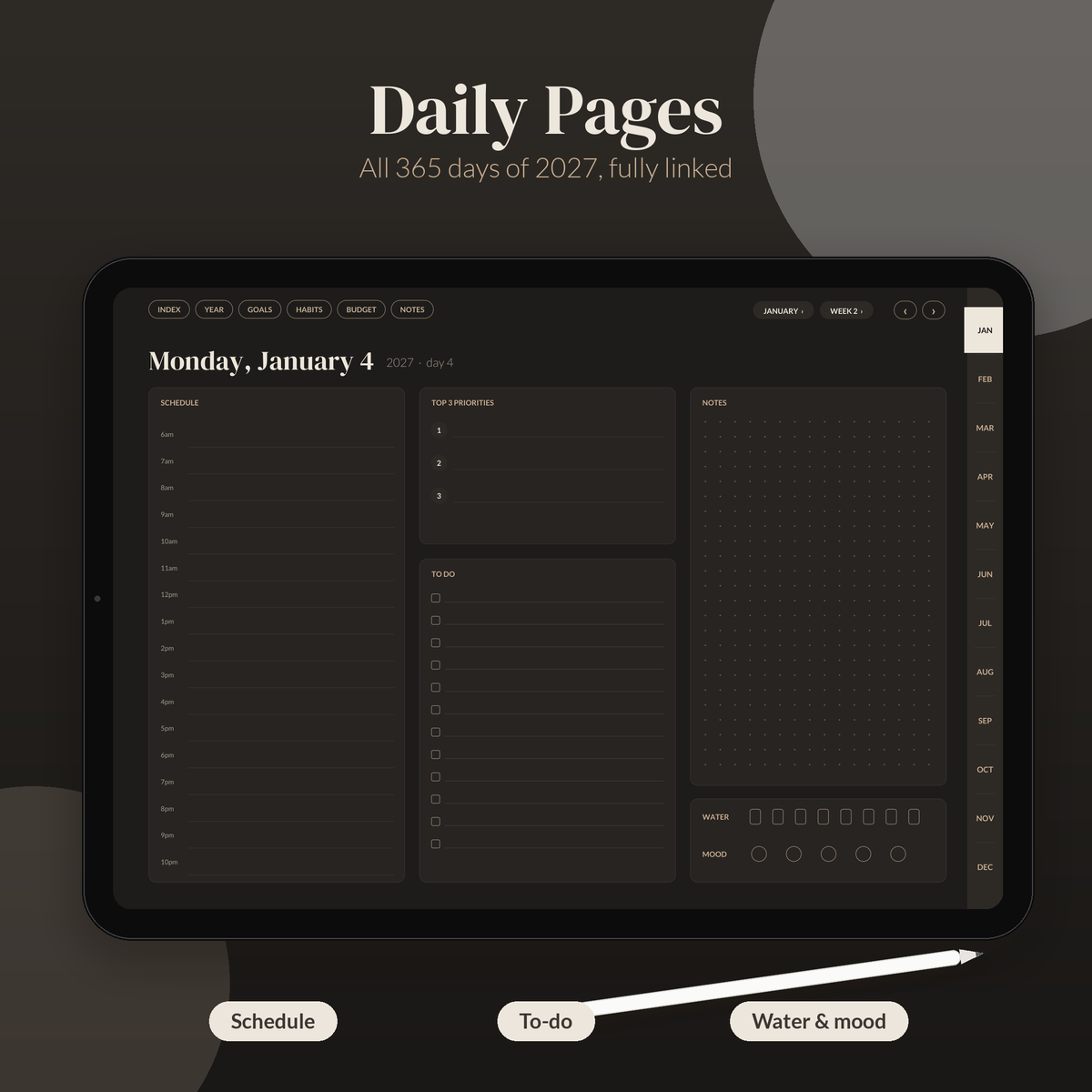 2027 Digital Planner Monday Start, Dark Mode Digital Planner, GoodNotes Planner 2027, iPad Planner, Hyperlinked Daily Weekly Monthly