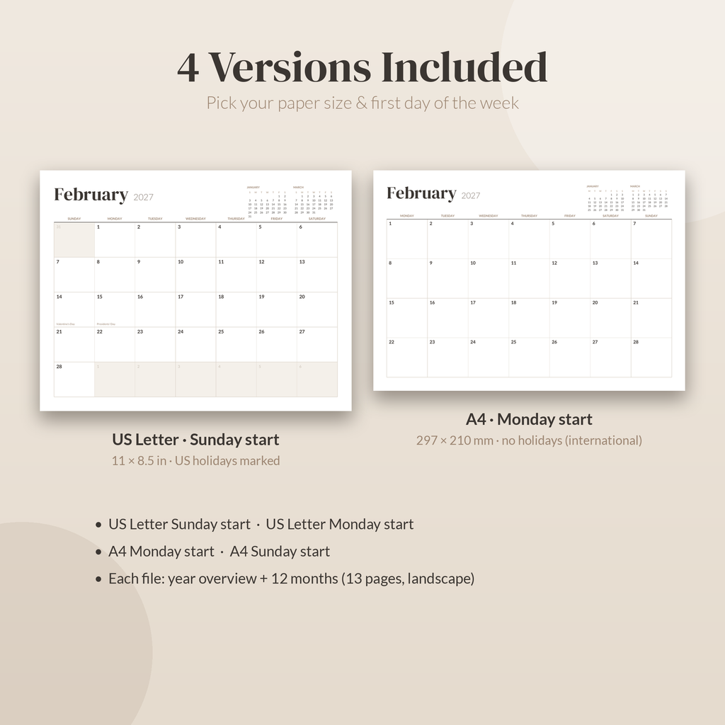 2027 Printable Calendar, Minimalist Wall Calendar 2027, Desk Calendar, Monthly Calendar PDF, US Letter A4, Sunday Monday Start, Neutral