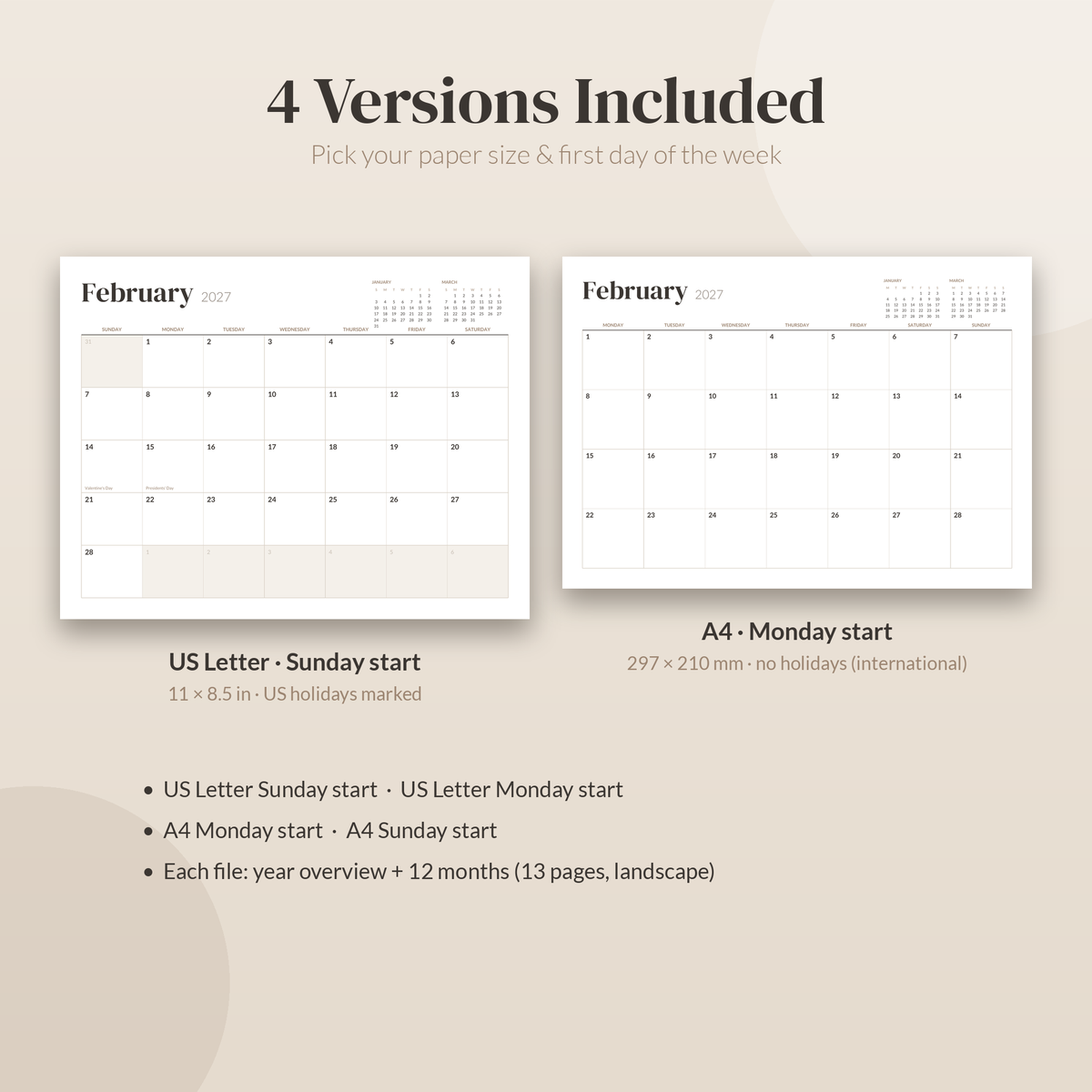 2027 Printable Calendar, Minimalist Wall Calendar 2027, Desk Calendar, Monthly Calendar PDF, US Letter A4, Sunday Monday Start, Neutral