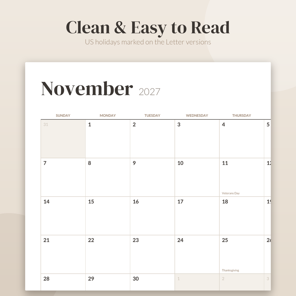 2027 Printable Calendar, Minimalist Wall Calendar 2027, Desk Calendar, Monthly Calendar PDF, US Letter A4, Sunday Monday Start, Neutral
