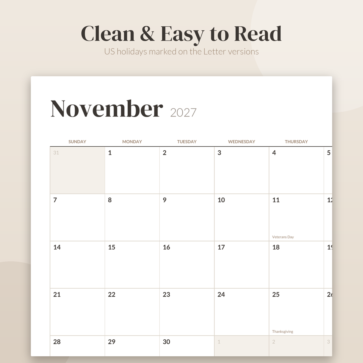 2027 Printable Calendar, Minimalist Wall Calendar 2027, Desk Calendar, Monthly Calendar PDF, US Letter A4, Sunday Monday Start, Neutral