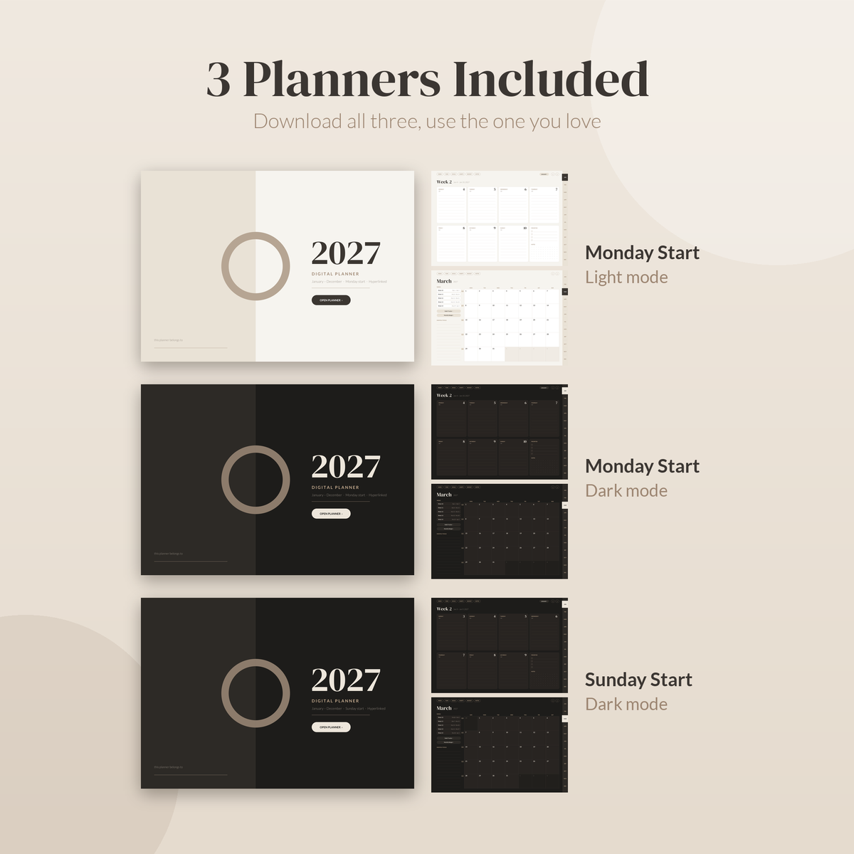 2027 Digital Planner Monday Start, Dark Mode Digital Planner, GoodNotes Planner 2027, iPad Planner, Hyperlinked Daily Weekly Monthly