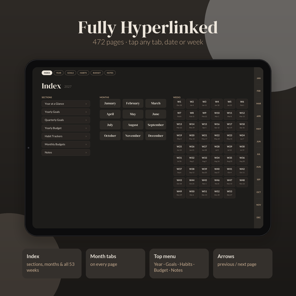 2027 Digital Planner Monday Start, Dark Mode Digital Planner, GoodNotes Planner 2027, iPad Planner, Hyperlinked Daily Weekly Monthly