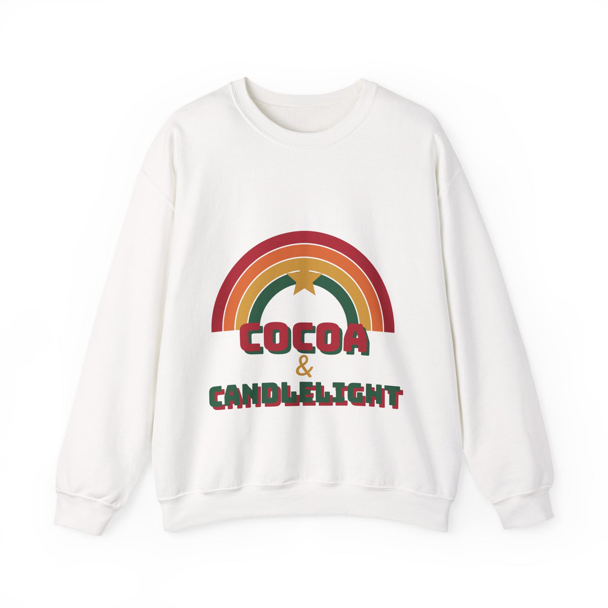 Cocoa and Candlelight retro 70s rainbow christmas sweatshirt design by Blackstar Creative