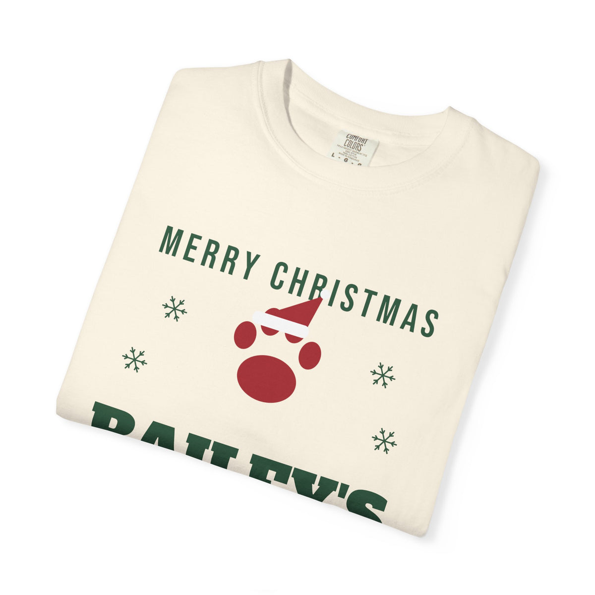 Christmas tee with a red paw in a Santa hat, MERRY CHRISTMAS, BAILEY'S in green and Mom in red script, view 9