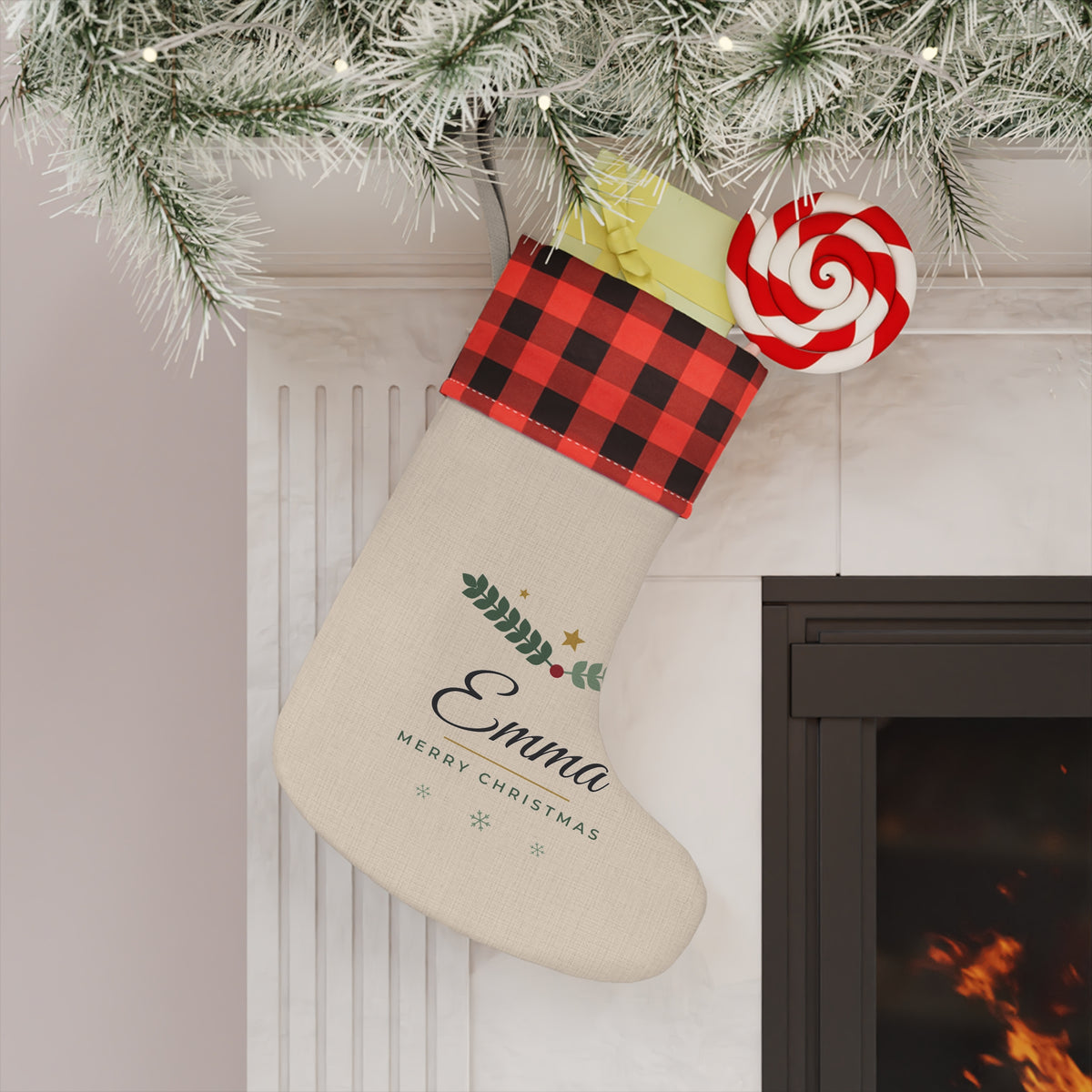 Personalized Christmas Stocking with Name, Custom Family Stocking, Sage Green Pine Name Stocking, Plaid Cuff Holiday Stocking, Kids Gift