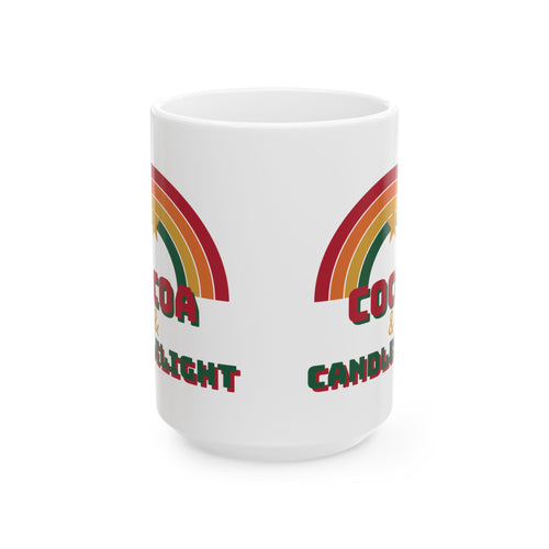 Cocoa and Candlelight Retro Christmas Mug, Groovy Rainbow Holiday Mug, Vintage 70s Xmas Gift