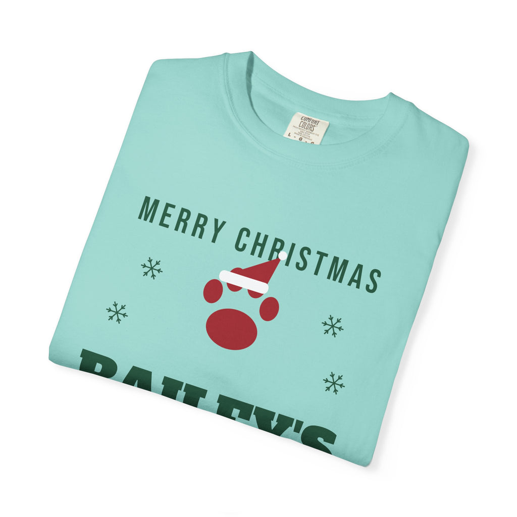 Christmas tee with a red paw in a Santa hat, MERRY CHRISTMAS, BAILEY'S in green and Mom in red script, view 12