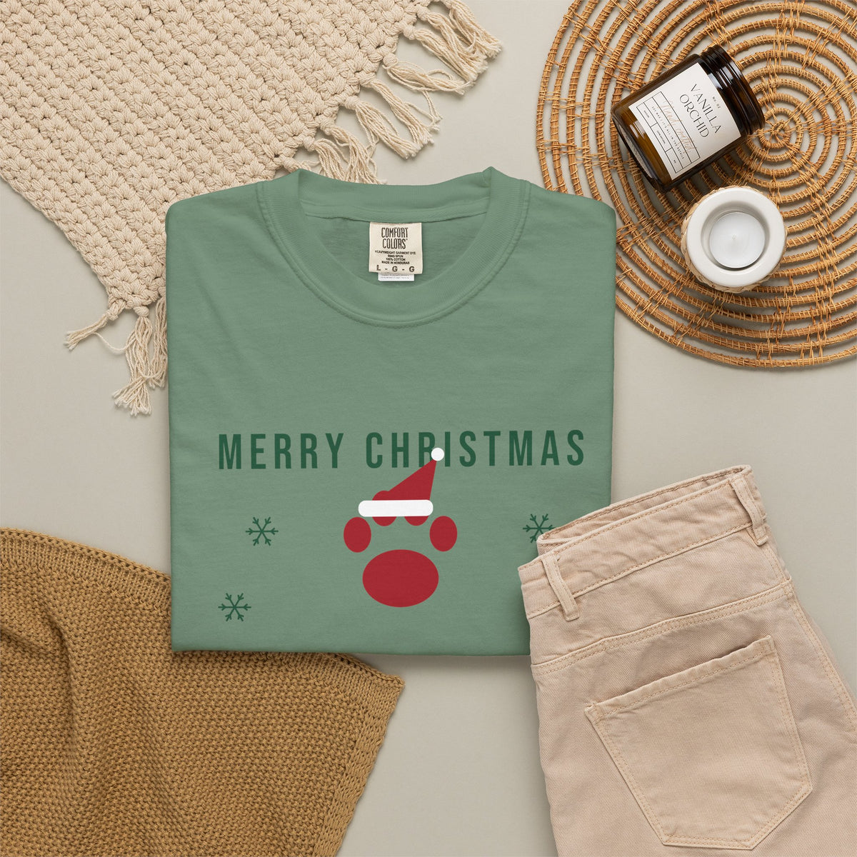 Christmas tee with a red paw in a Santa hat, MERRY CHRISTMAS, BAILEY'S in green and Mom in red script, view 16