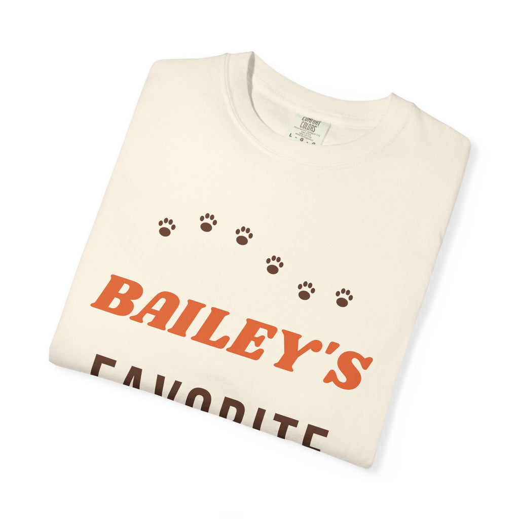 Tee printed with BAILEY'S in orange retro letters over FAVORITE HUMAN with a brown paw print trail, view 5
