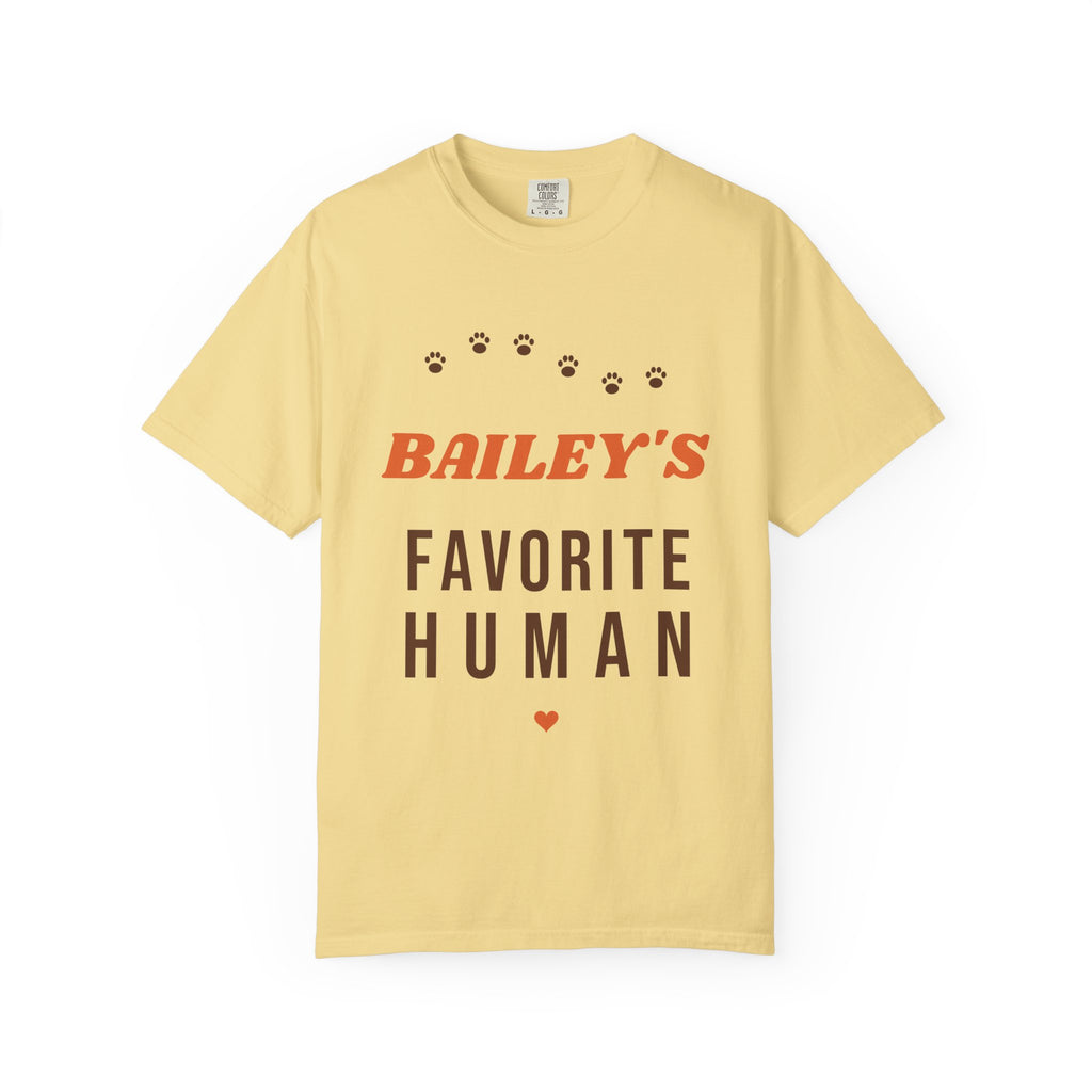 Tee printed with BAILEY'S in orange retro letters over FAVORITE HUMAN with a brown paw print trail, view 2