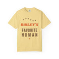 Tee printed with BAILEY'S in orange retro letters over FAVORITE HUMAN with a brown paw print trail, view 2
