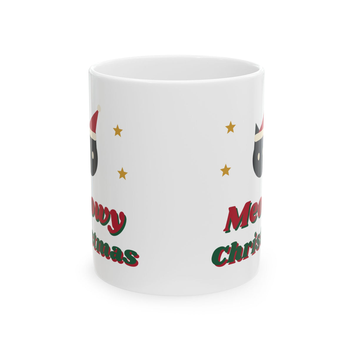 Meowy Christmas Cat Mug, Black Cat Santa Hat Holiday Mug, Cat Mom Xmas Gift, Funny Cat Christmas Mug