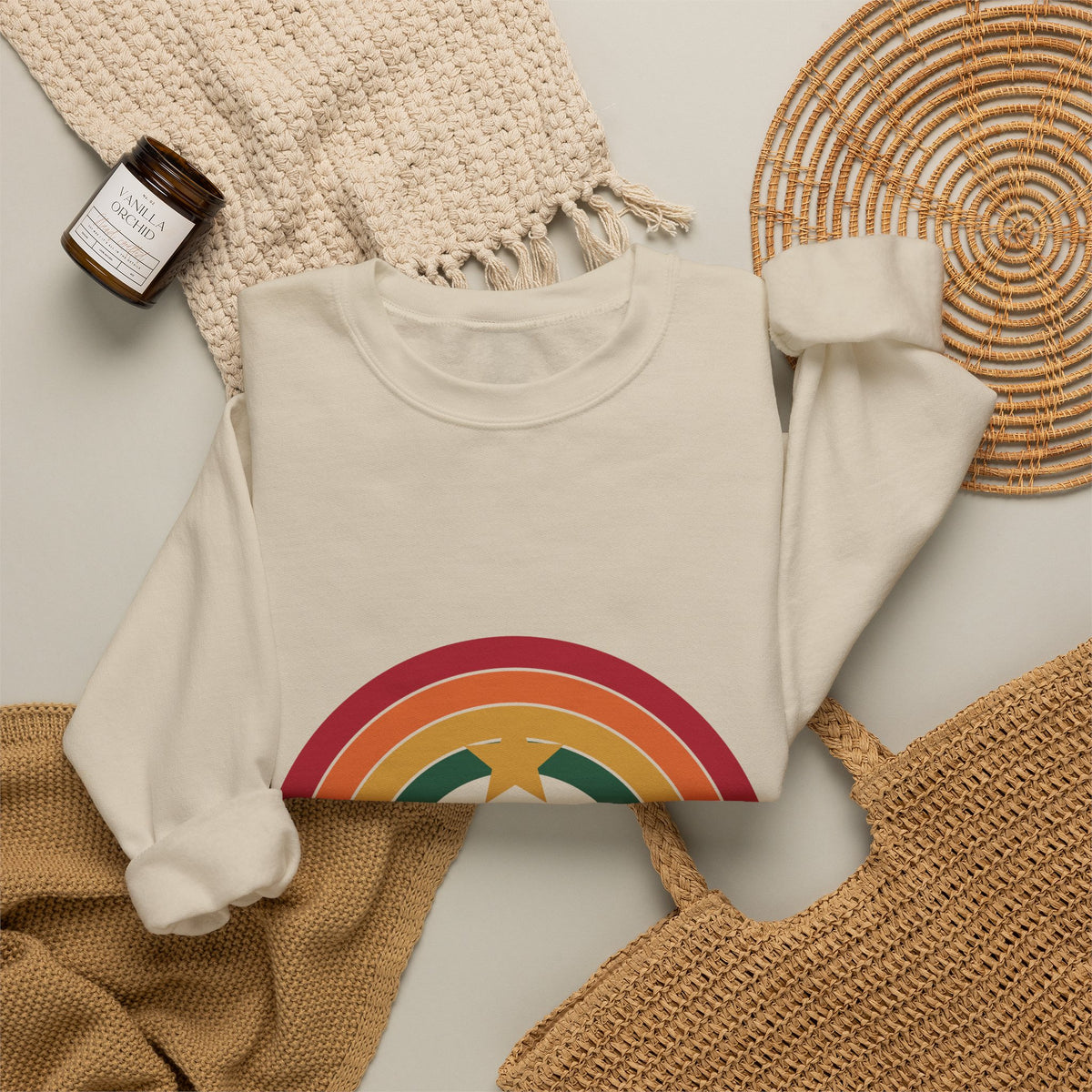 Cocoa and Candlelight retro 70s rainbow christmas sweatshirt design by Blackstar Creative, view 9