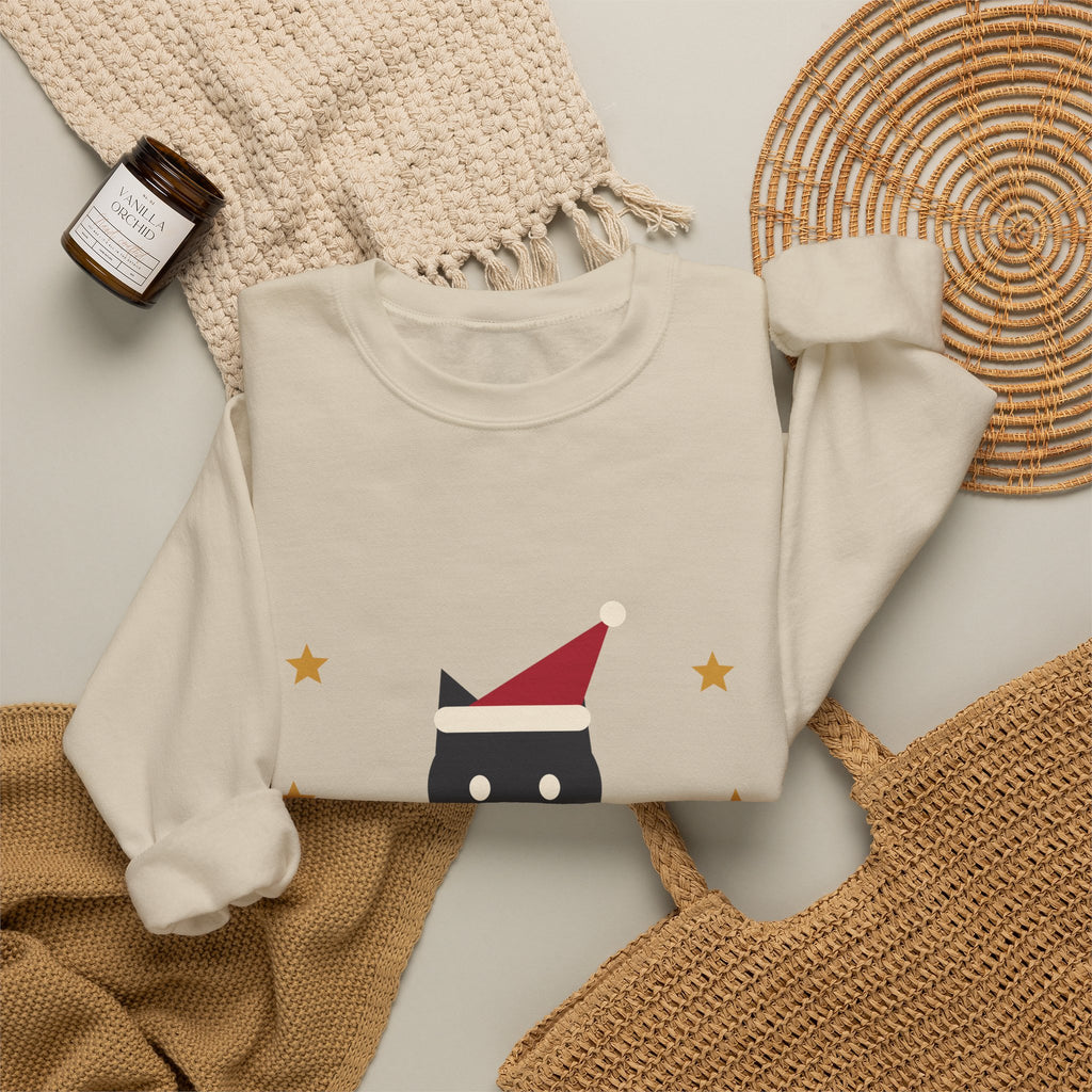 Meowy Christmas black cat santa hat sweatshirt design by Blackstar Creative, view 9