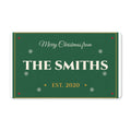 Evergreen personalized Christmas doormat reading Merry Christmas from The Smiths with holly corners and gold Est. 2020