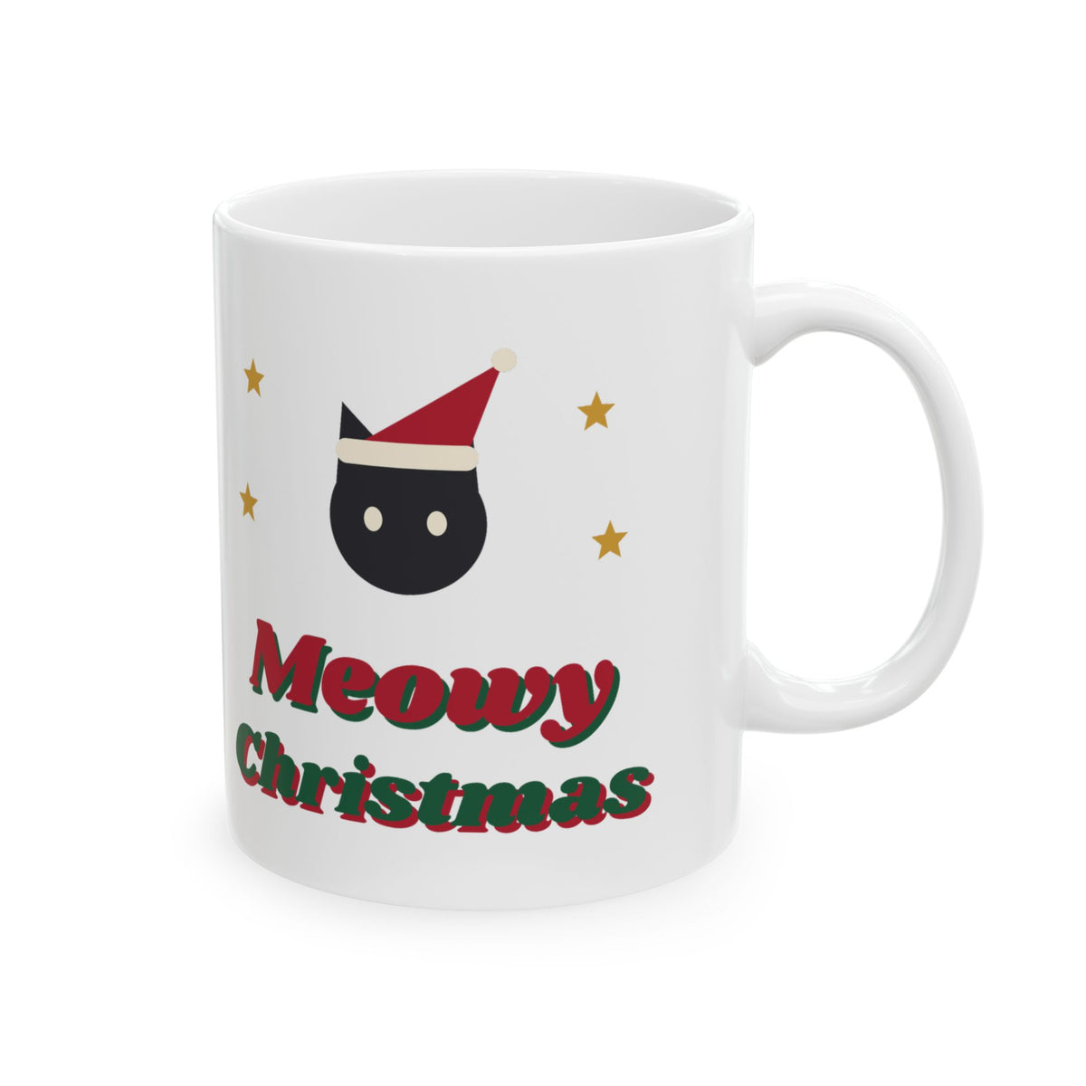 Meowy Christmas Cat Mug, Black Cat Santa Hat Holiday Mug, Cat Mom Xmas Gift, Funny Cat Christmas Mug