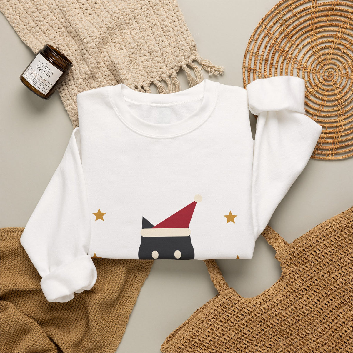 Meowy Christmas Cat Sweatshirt, Black Cat Santa Hat Holiday Crewneck, Cat Mom Xmas Gift, Funny Cat Christmas Mug