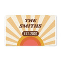 Retro 70s sunset doormat with sun rays and The Smiths in chunky brown letters with an Est. 2020 badge