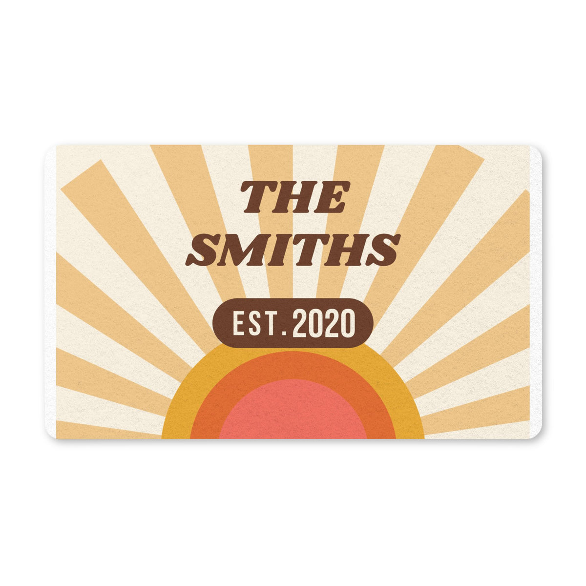 Retro Sunset Family Name Doormat, Personalized 70s Welcome Mat, Custom Est. Year Door Mat, Groovy Housewarming Gift