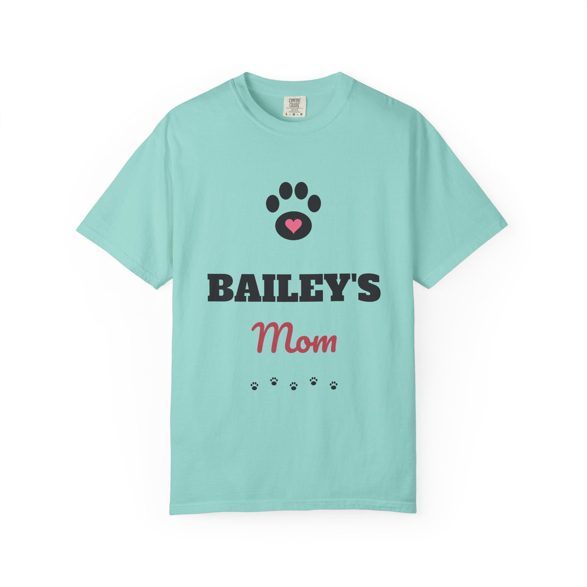 Garment-dyed tee with a black paw and pink heart, BAILEY'S in bold letters and Mom in rose script, view 4