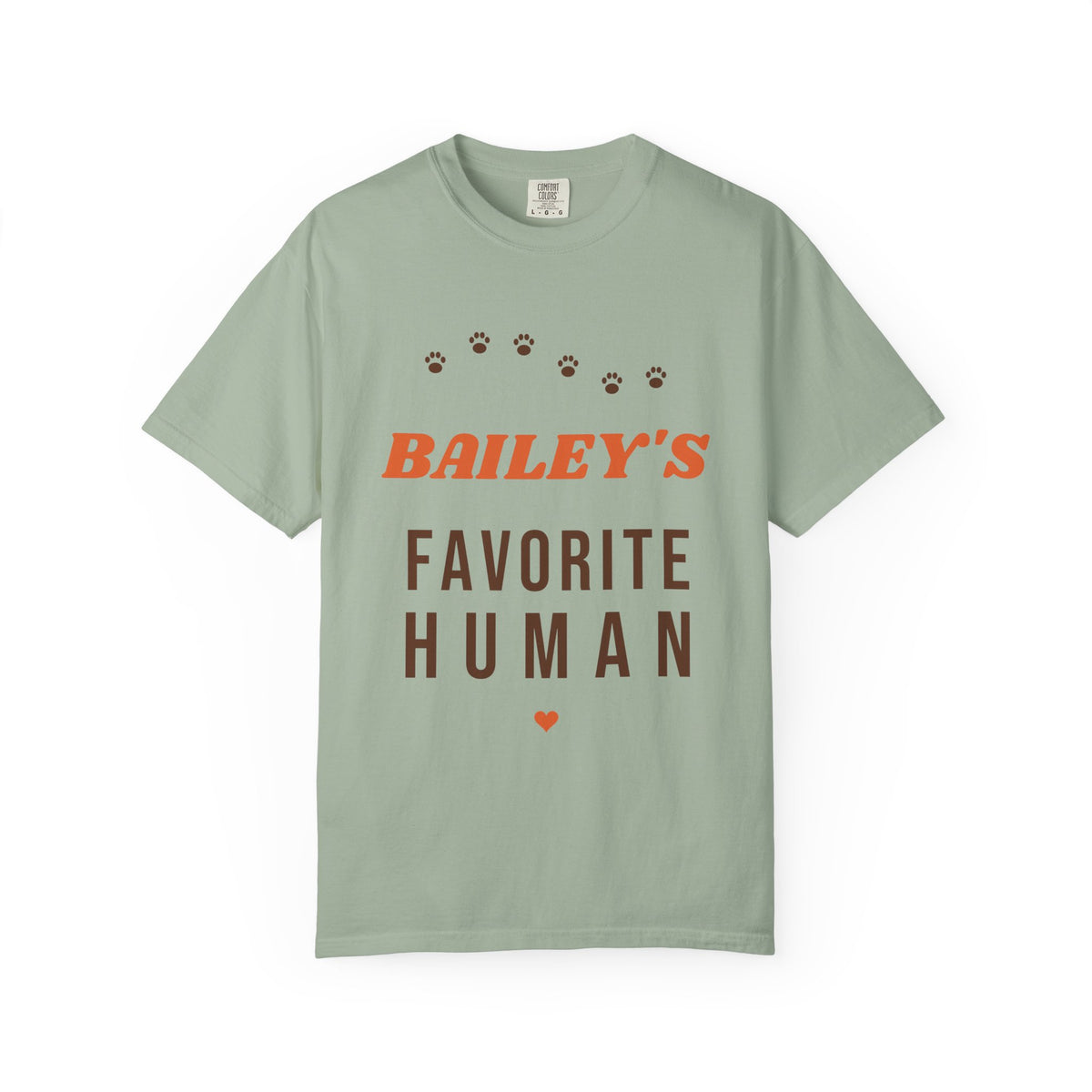 Tee printed with BAILEY'S in orange retro letters over FAVORITE HUMAN with a brown paw print trail, view 3