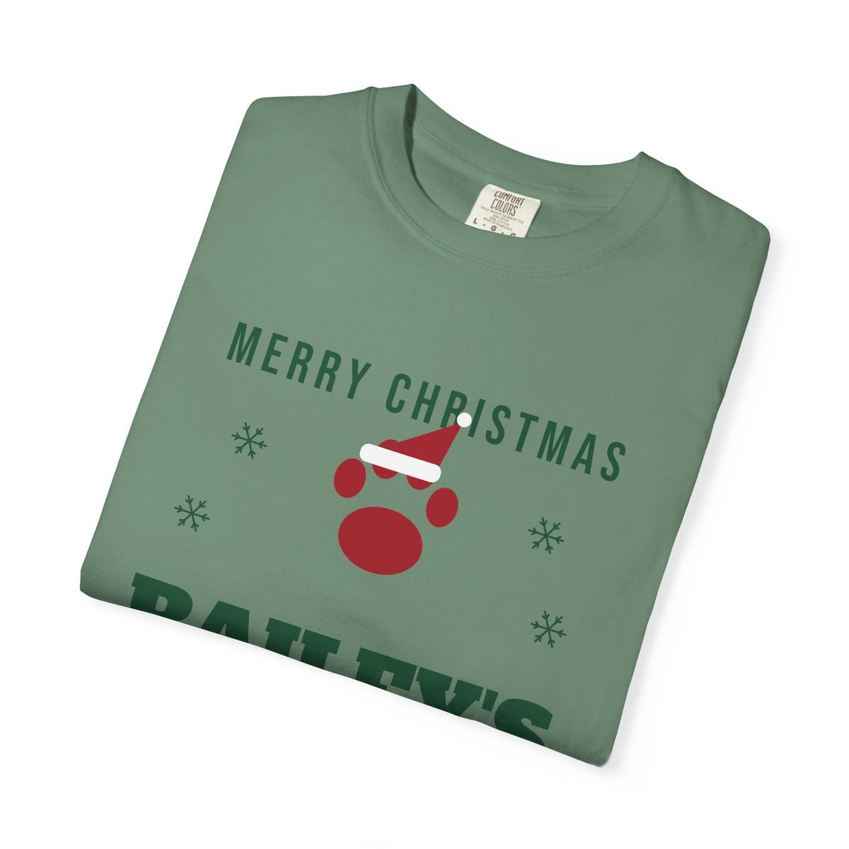 Christmas tee with a red paw in a Santa hat, MERRY CHRISTMAS, BAILEY'S in green and Mom in red script, view 15