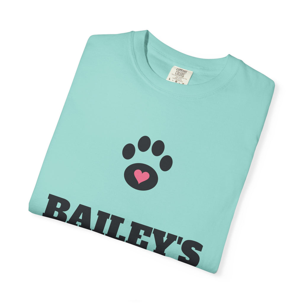 Garment-dyed tee with a black paw and pink heart, BAILEY'S in bold letters and Mom in rose script, view 16