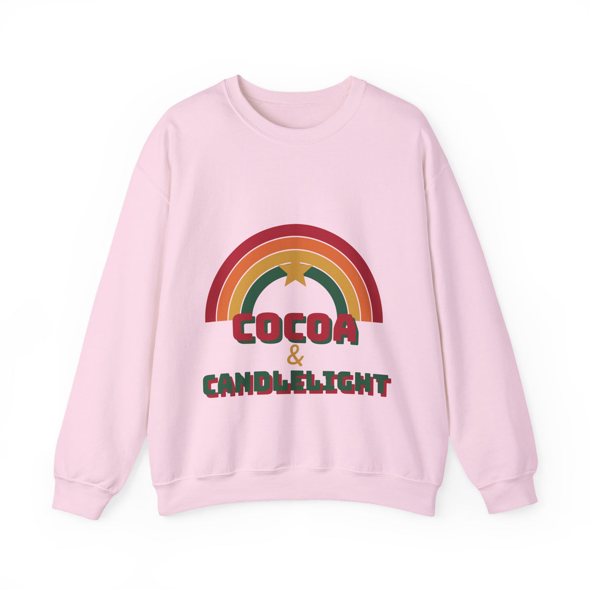 Cocoa and Candlelight retro 70s rainbow christmas sweatshirt design by Blackstar Creative, view 3