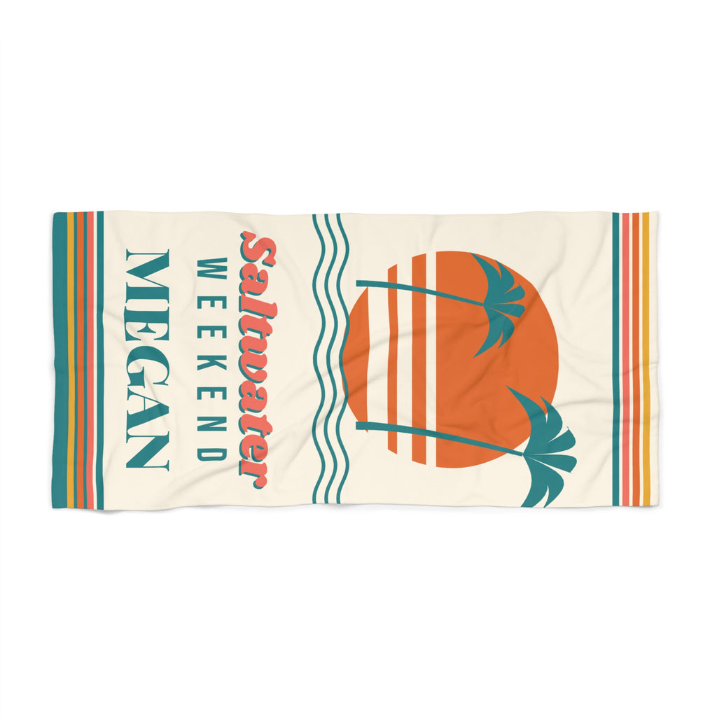 Personalized Retro Beach Towel with Name, Saltwater Weekend Girls' Trip Towel, Custom 70s Sunset Palm Pool Towel Gift