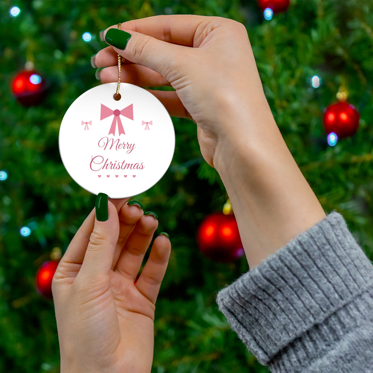 Coquette Bow Merry Christmas Ornament, Pink Bow Holiday Ornament, Girly Aesthetic Xmas Gift, Pink Christmas Mug