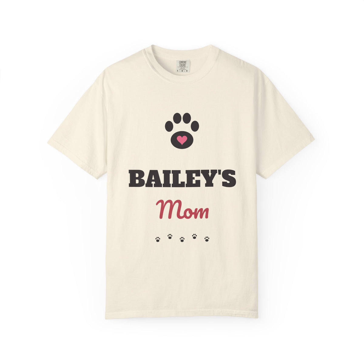 Garment-dyed tee with a black paw and pink heart, BAILEY'S in bold letters and Mom in rose script