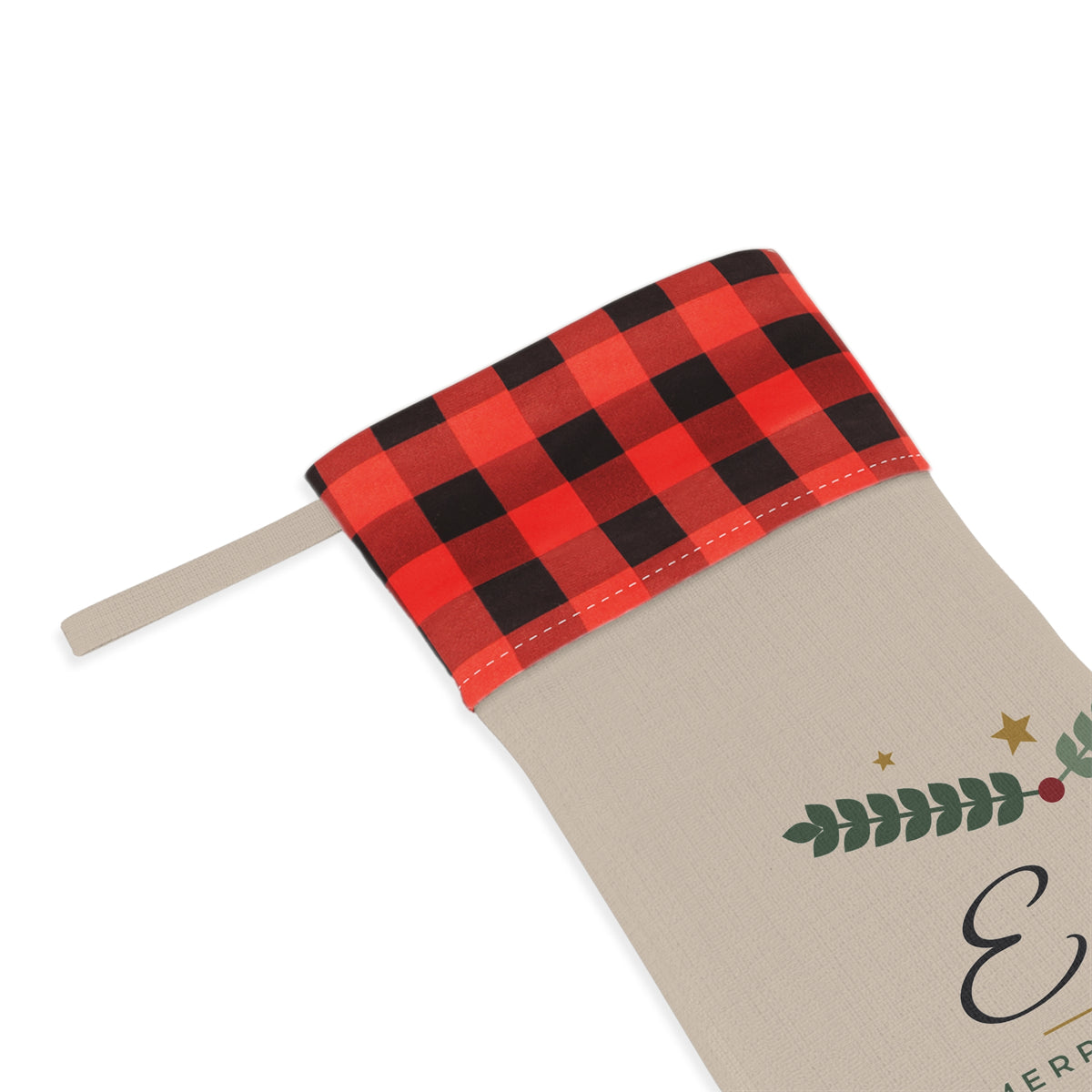 Personalized Christmas Stocking with Name, Custom Family Stocking, Sage Green Pine Name Stocking, Plaid Cuff Holiday Stocking, Kids Gift