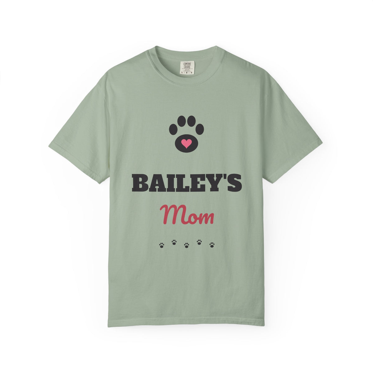 Garment-dyed tee with a black paw and pink heart, BAILEY'S in bold letters and Mom in rose script, view 3